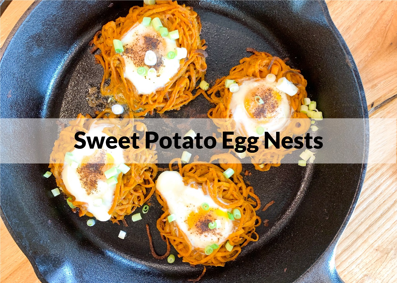 sweet potato egg nests in a cast iron skillet